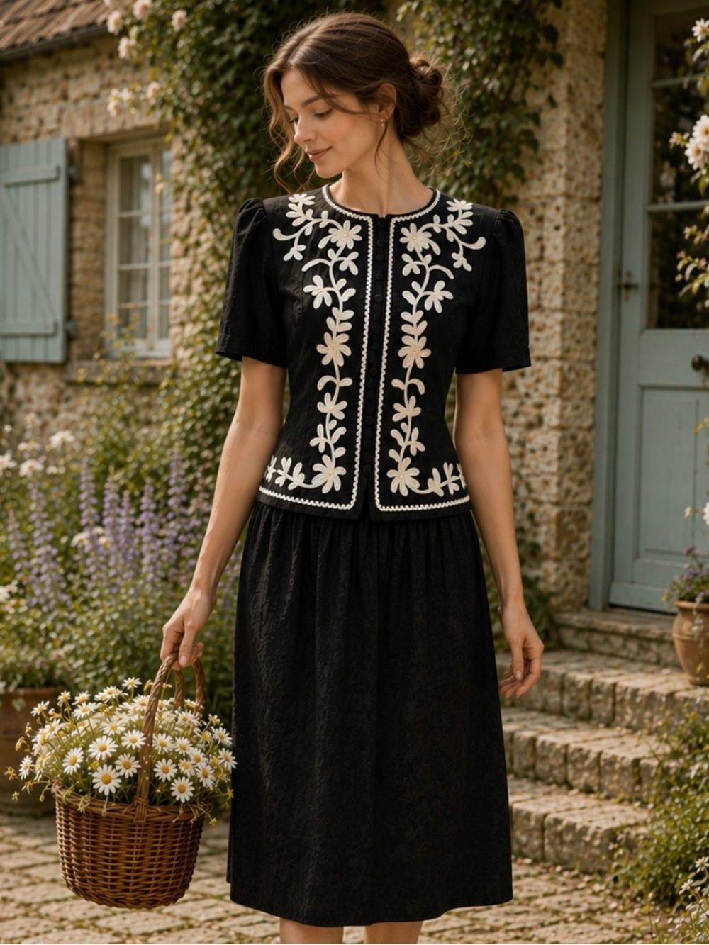 KARIN STEVENS Vintage 80's Embroidered Black Cottagecore Midi Dress Size 6